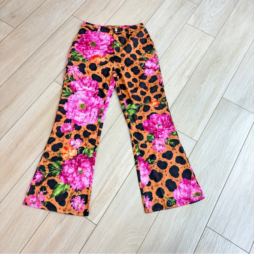 Floral Pink & Orange Leopard Print Flared Pants